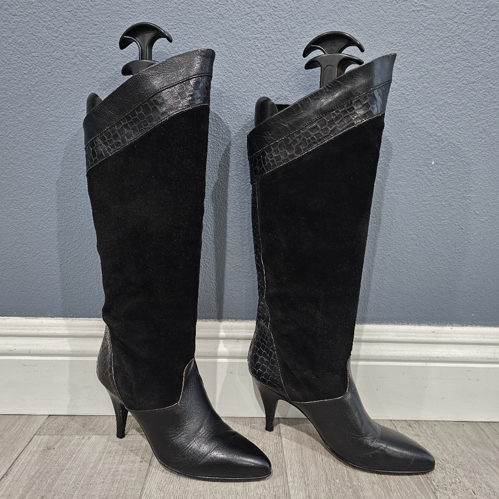 Vintage MARIA PIA Made In Italy Black Suede Snakeskin Pull On Soft Boots 6.5M